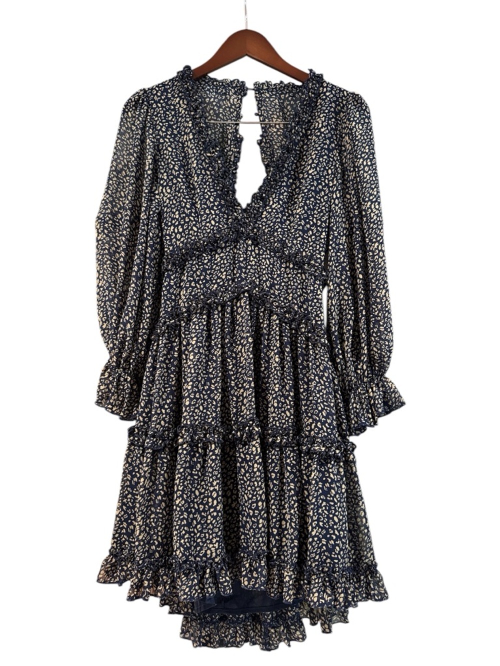 Edité Mode Ruffle Mini Dress Open Back Blue Print Size M Boho Chic - Picture 2 of 5